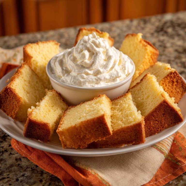 Pound cake dippers, moist slices arranged around a bowl of whipped cream for dipping.