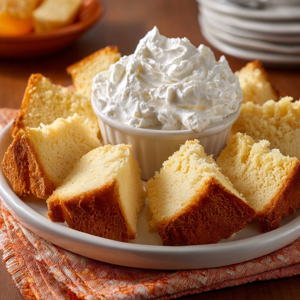 Pound cake dippers with moist slices arranged around a bowl of whipped cream dip.