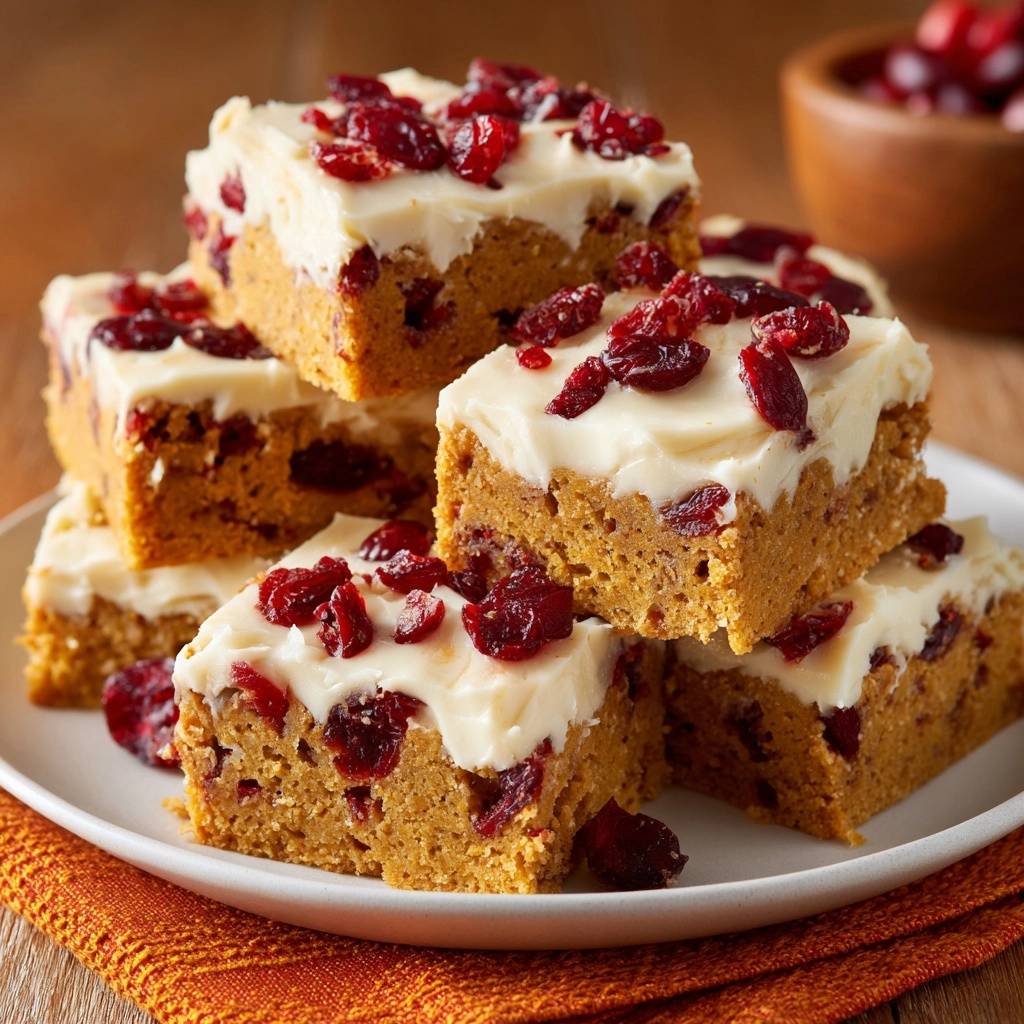 Pumpkin cranberry bars with light fluffy texture stacked on a white plate, showcasing the creamy frosting and tart cranberries.