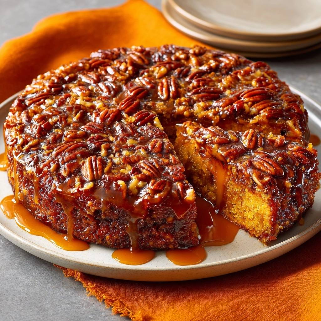 Pumpkin Pecan Praline Cake with a rich caramel drizzle cascading down the sides and a slice removed.