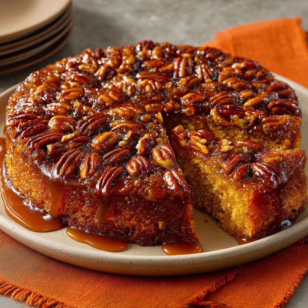 Pumpkin pecan praline cake with a slice removed, showing the moist interior and gooey caramel pecan topping.