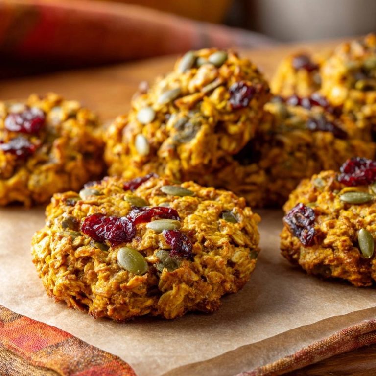 Pumpkin pepita cranberry oat cookies are shown in a close-up detail shot with visible dried cranberries and pumpkin seeds.