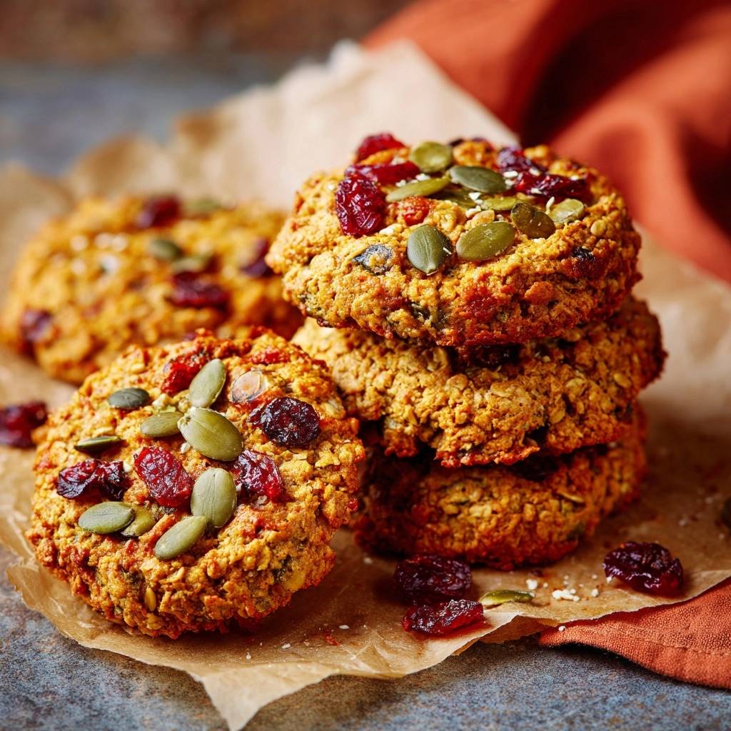 Pumpkin pepita cranberry oat cookies showcasing their textured topping of seeds and dried fruit.