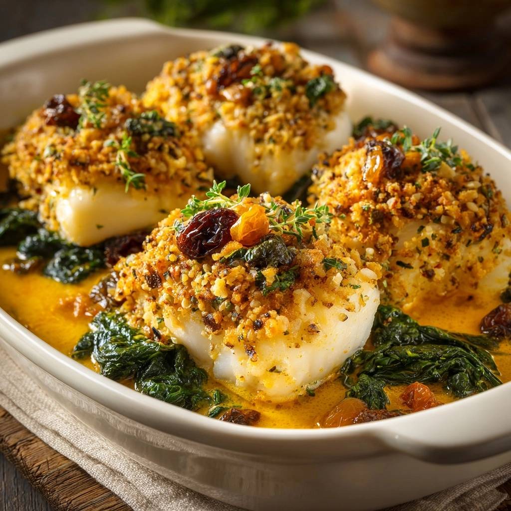 Crunchy raisin-thyme crusted cod recipe shown in a close-up view highlighting the savory topping and fresh herbs.
