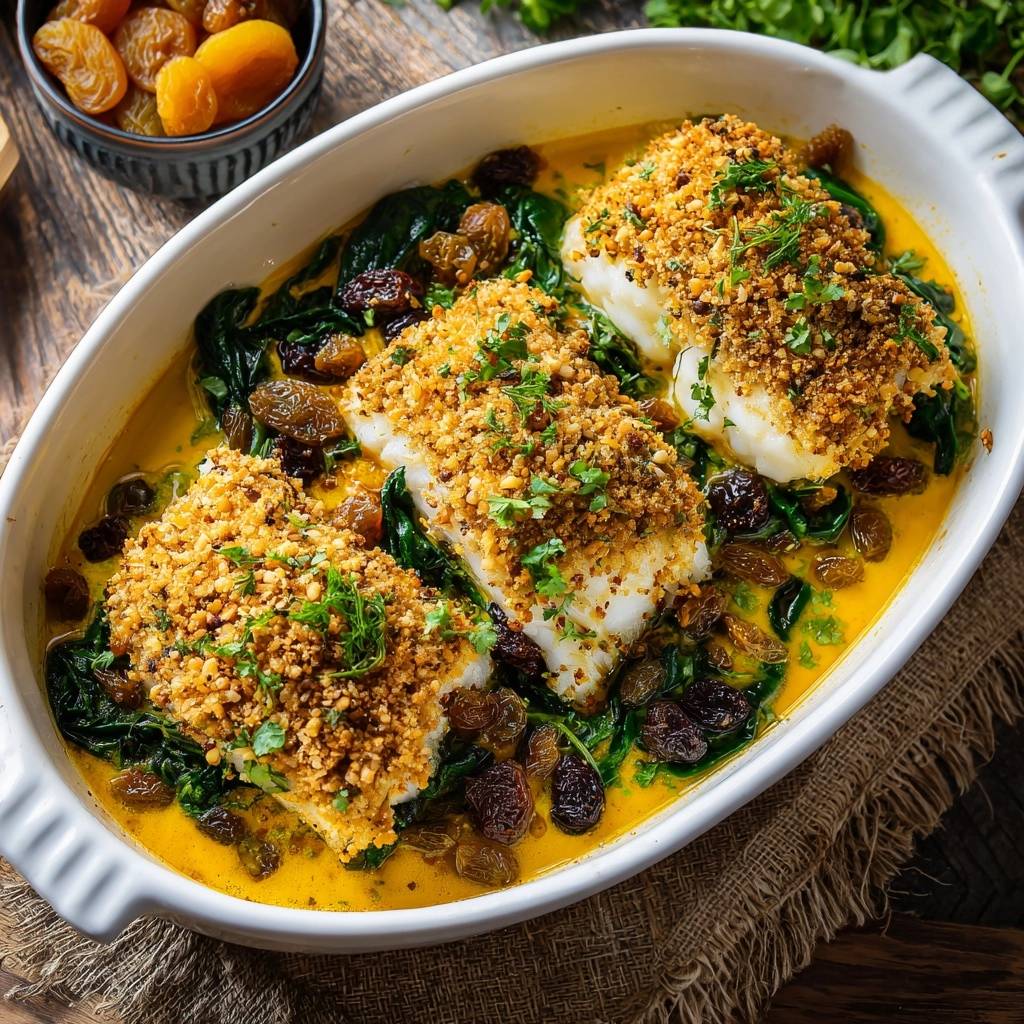 Crunchy raisin-thyme crusted cod served in a baking dish with spinach and a creamy sauce.