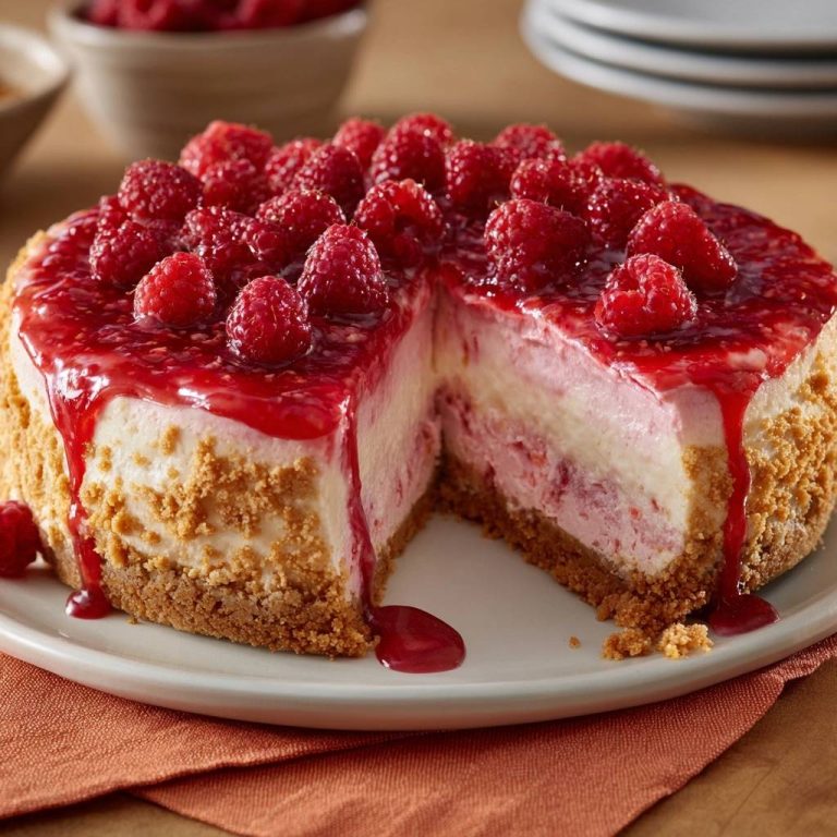 Raspberry swirl cheesecake cross-section showing the creamy interior and glistening raspberry glaze topped with fresh berries.