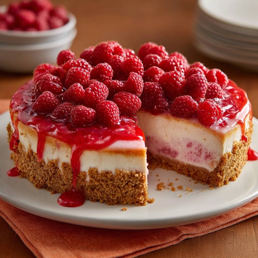 Raspberry swirl cheesecake with a graham cracker crust, shown sliced to reveal its creamy interior and raspberry swirl.