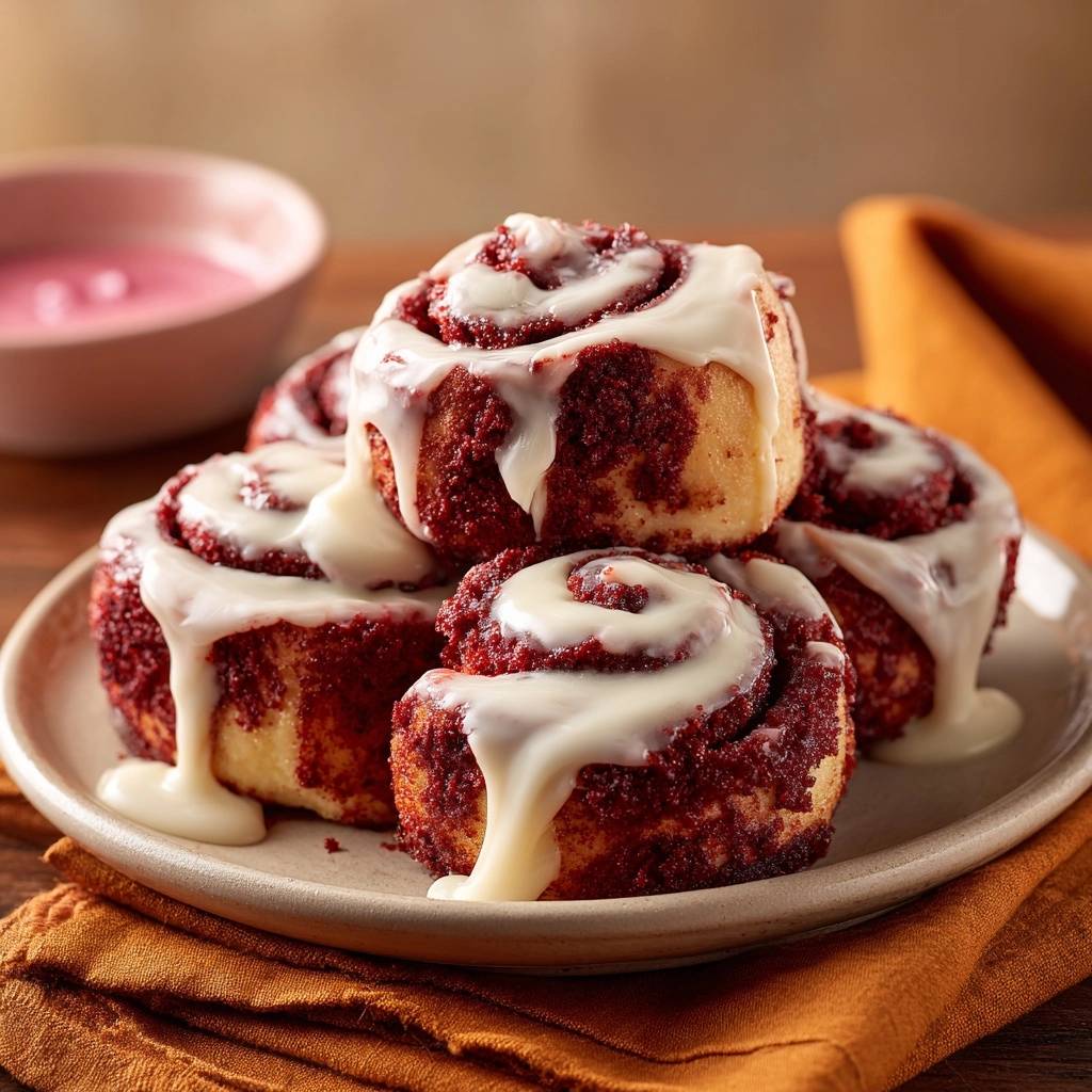 Red velvet cinnamon rolls with tangzhong fluff are stacked on a plate with white glaze dripping down the sides.