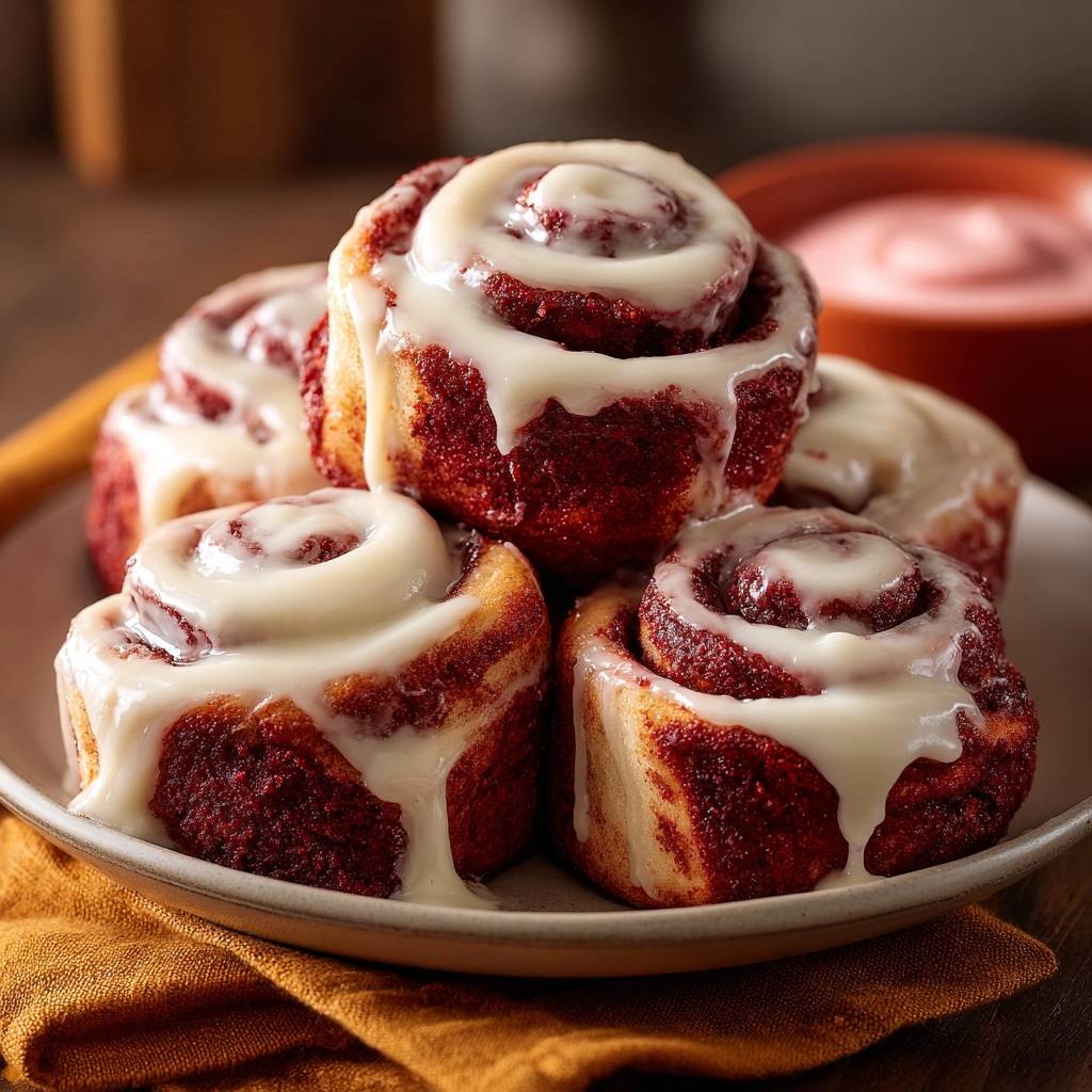 Red velvet cinnamon rolls with Tangzhong fluff stacked on a plate, showcasing their glazed tops.