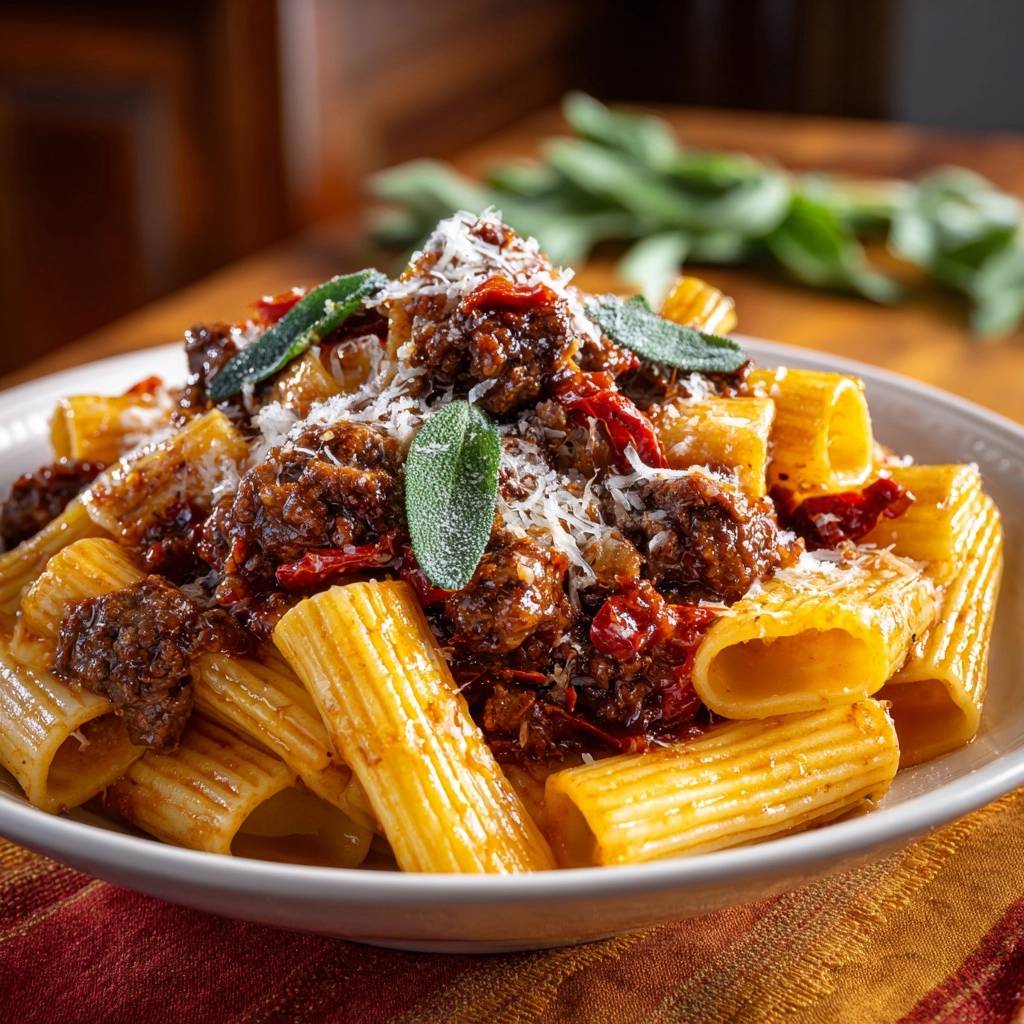 Rigatoni with beef, sun-dried tomato & sage ragu, showcasing a close-up of the hearty sauce, pasta tubes, and fresh sage garnish.