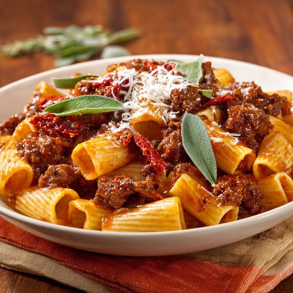 Rigatoni with beef, sun-dried tomato & sage ragu, showing a close-up view with fresh sage garnish and grated cheese.