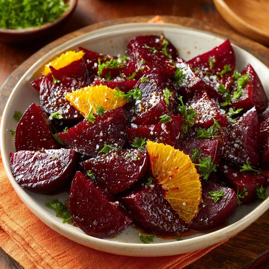 Roasted beets with oranges garnished with fresh parsley and a sprinkle of grated cheese.