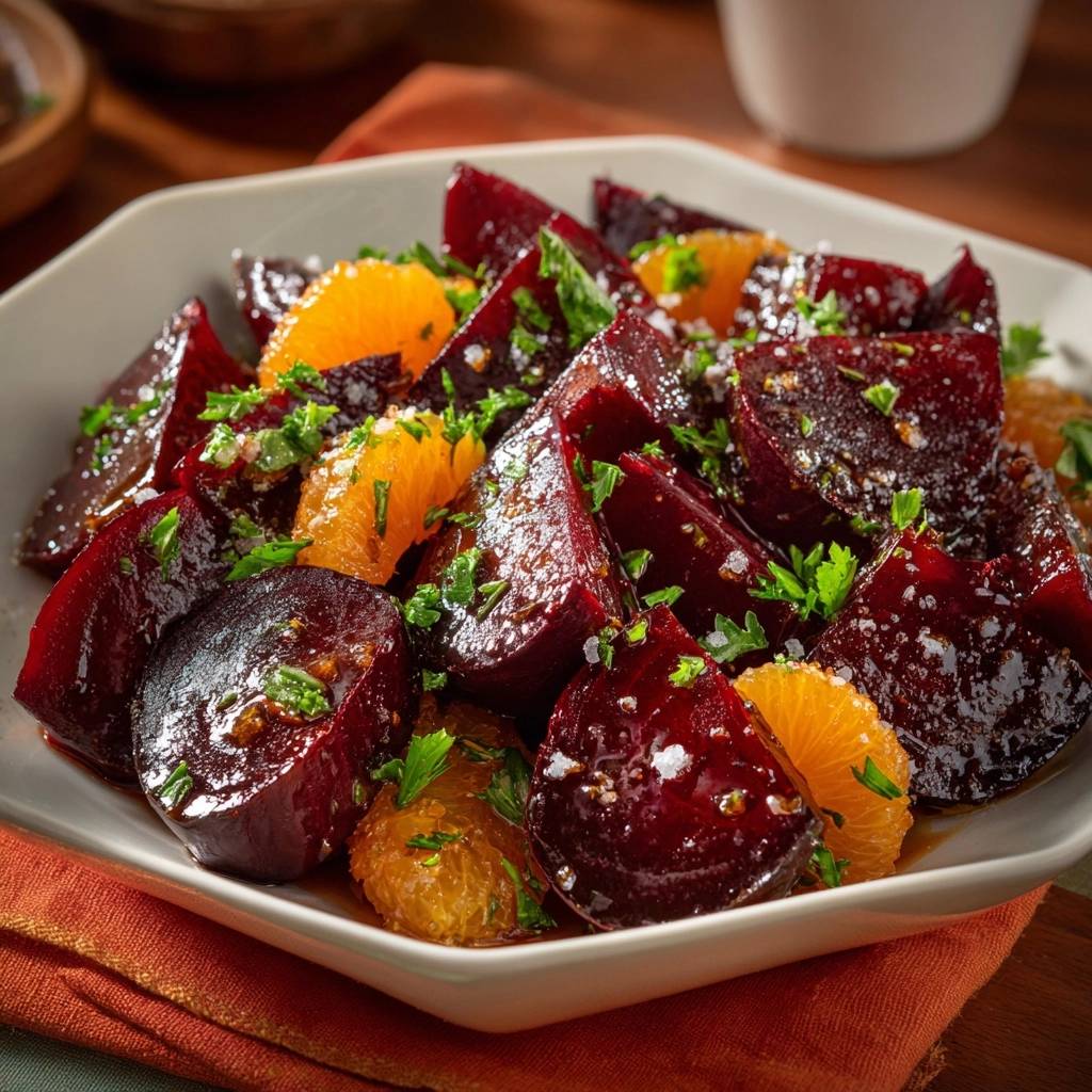 Roasted beets with oranges and parsley, showcasing the bright orange segments and deep red beet pieces.