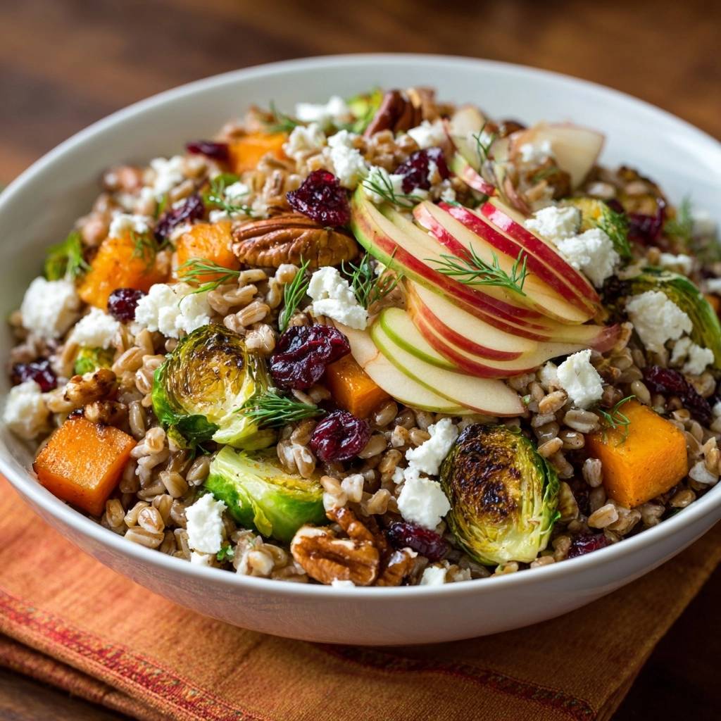 Roasted Brussels & Butternut Farro Salad in a white bowl with apples, cranberries, pecans, and feta cheese.