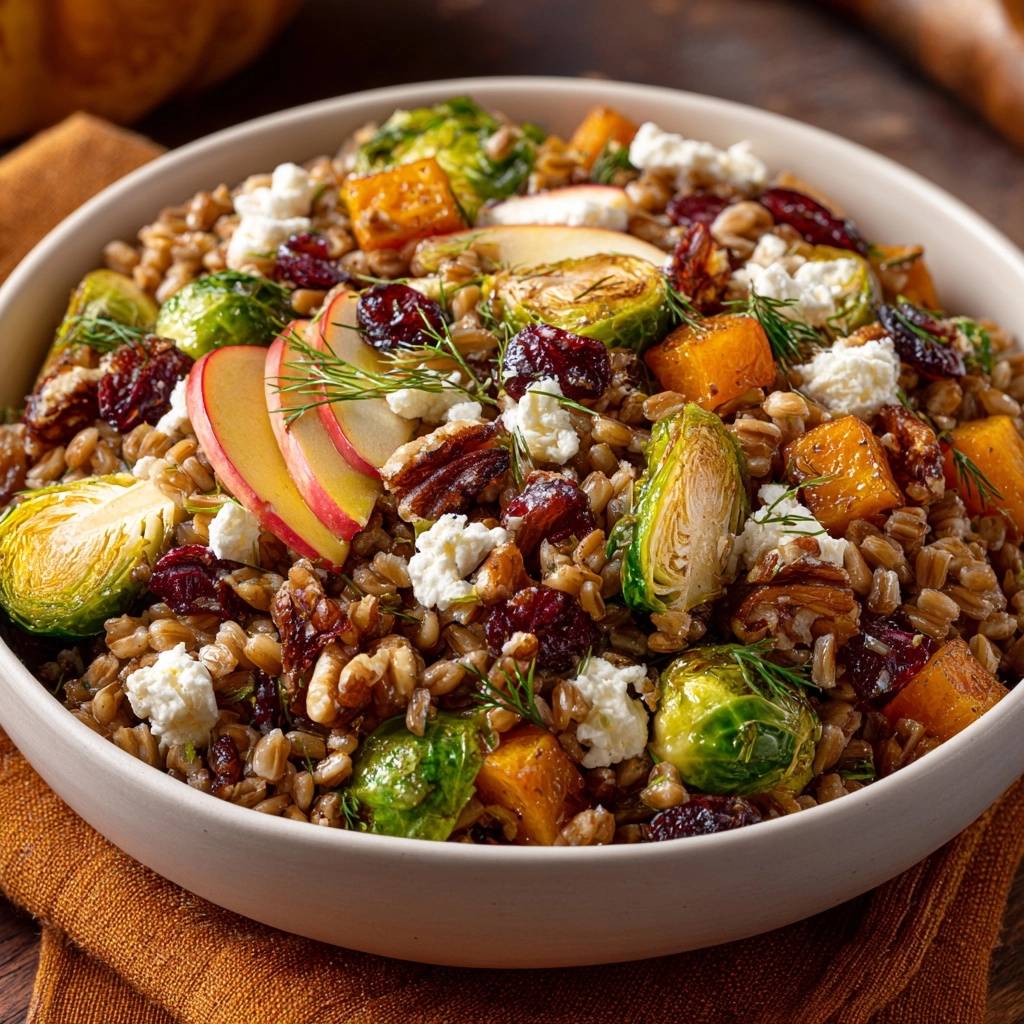 Roasted Brussels & Butternut Farro Salad in a detailed bowl shot with apples, cranberries, and goat cheese.