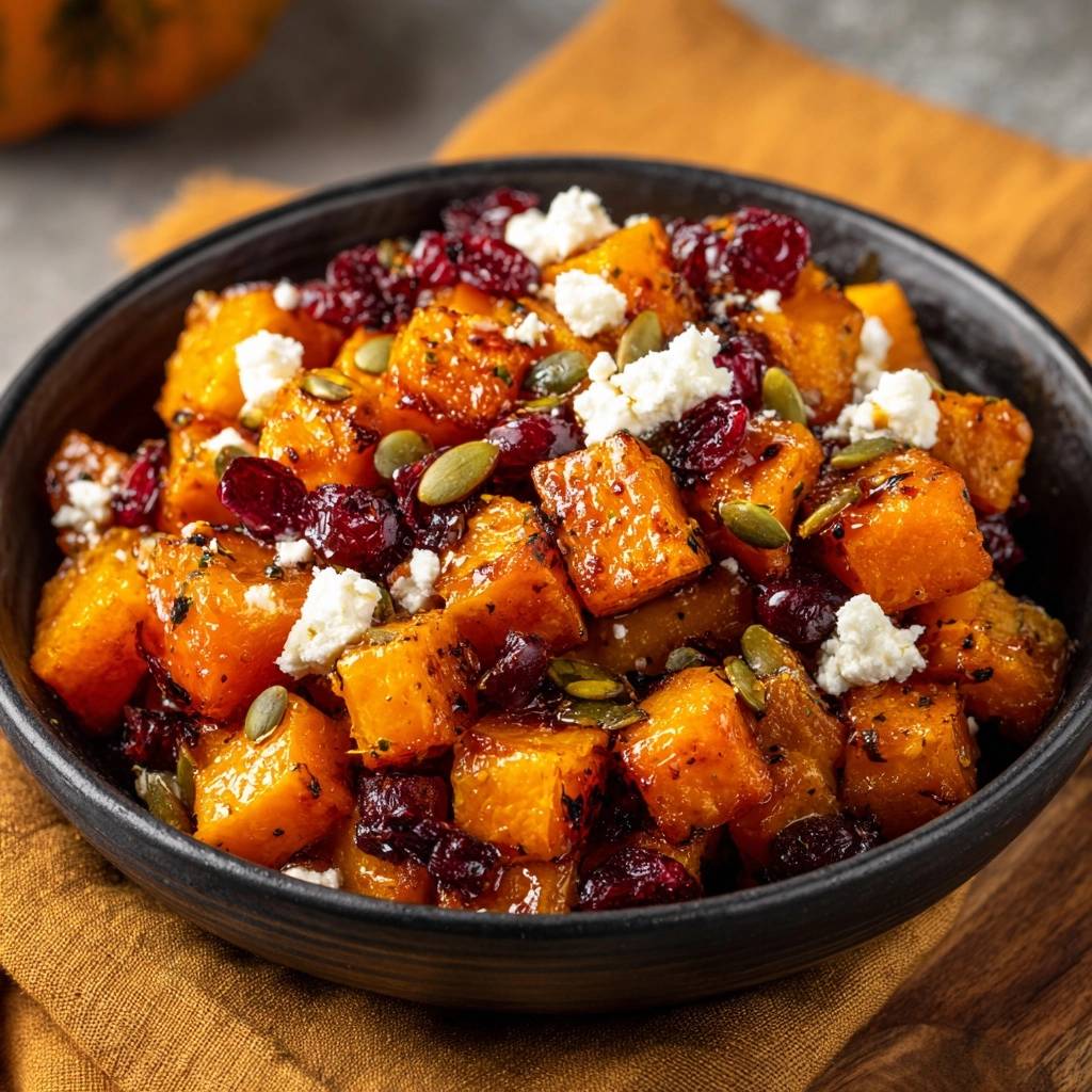 Roasted butternut squash with cranberries, pepitas, and feta cheese in a dark bowl, close-up view.