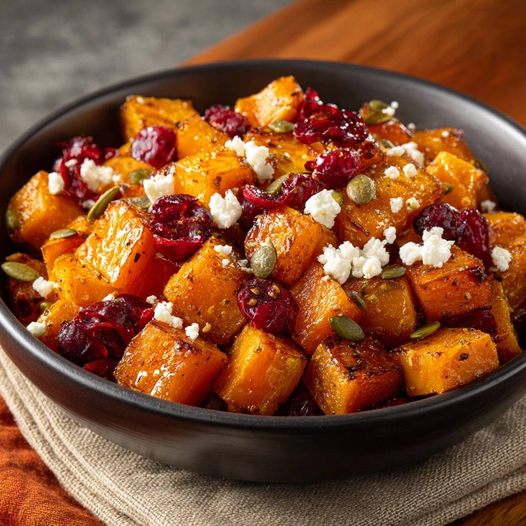 Roasted butternut squash with cranberries, pepitas, and feta served in a dark bowl, presented in an overhead shot.