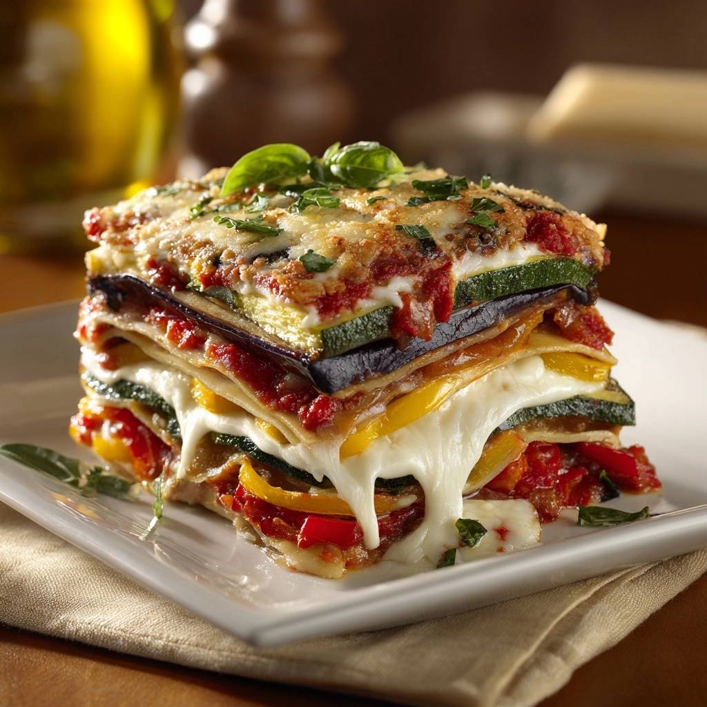 Roasted veggie lasagna cross-section featuring layers of eggplant, zucchini, and peppers with melted cheese oozing out.