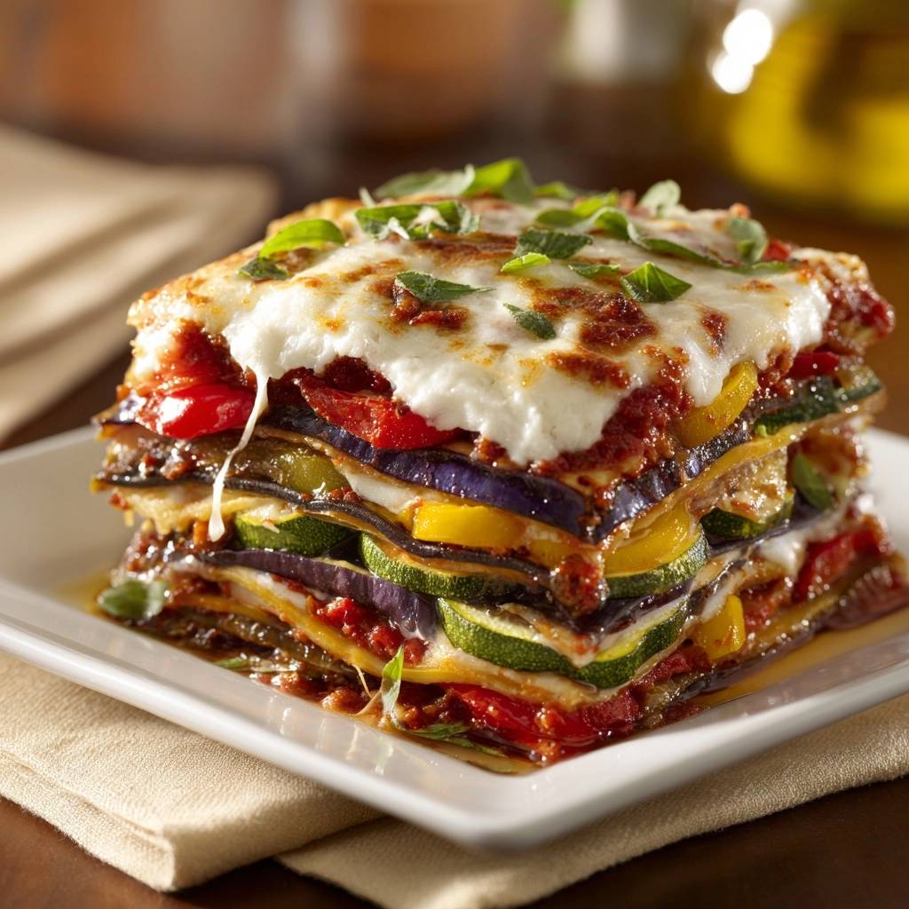 Roasted veggie lasagna showing firm layers of eggplant, zucchini, and peppers with melted cheese topping.