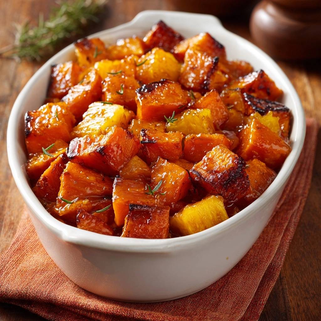 Rosemary glazed sweet potatoes with pineapple shown in a white dish with a close-up view of fresh rosemary sprigs.