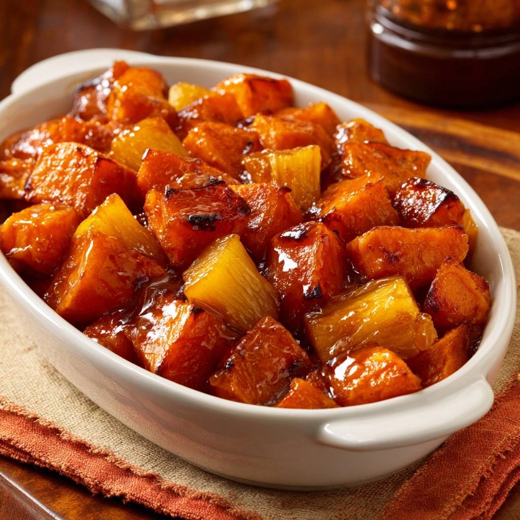 Rosemary glazed sweet potatoes with pineapple served in a white baking dish, showing a close-up detail of the glazed chunks.