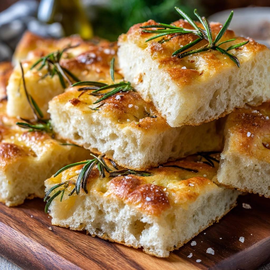 Rosemary sea salt focaccia with massive air bubbles shown in a close-up cross-section highlighting its airy texture.