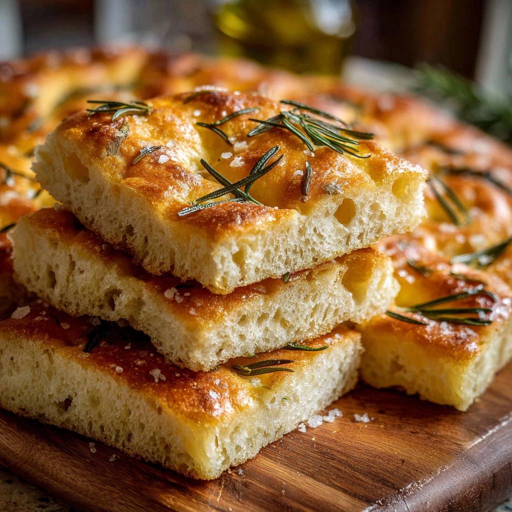 Rosemary sea salt focaccia with massive air bubbles shown in a close-up cross-section revealing its airy interior texture.