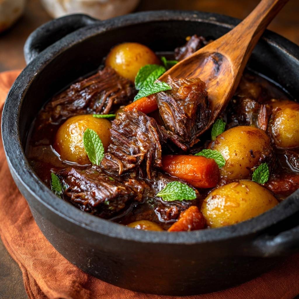 Rustic beef stew with tender meat and potatoes, a spoonful being lifted from the pot.