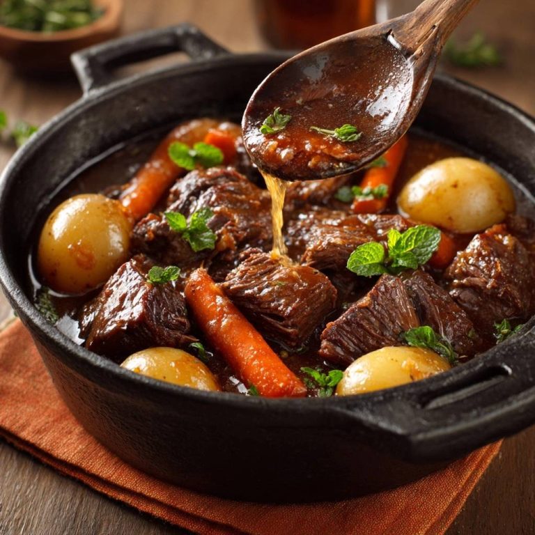 Rustic beef stew with tender meat and vegetables, a spoonful of rich gravy being lifted from the pot.