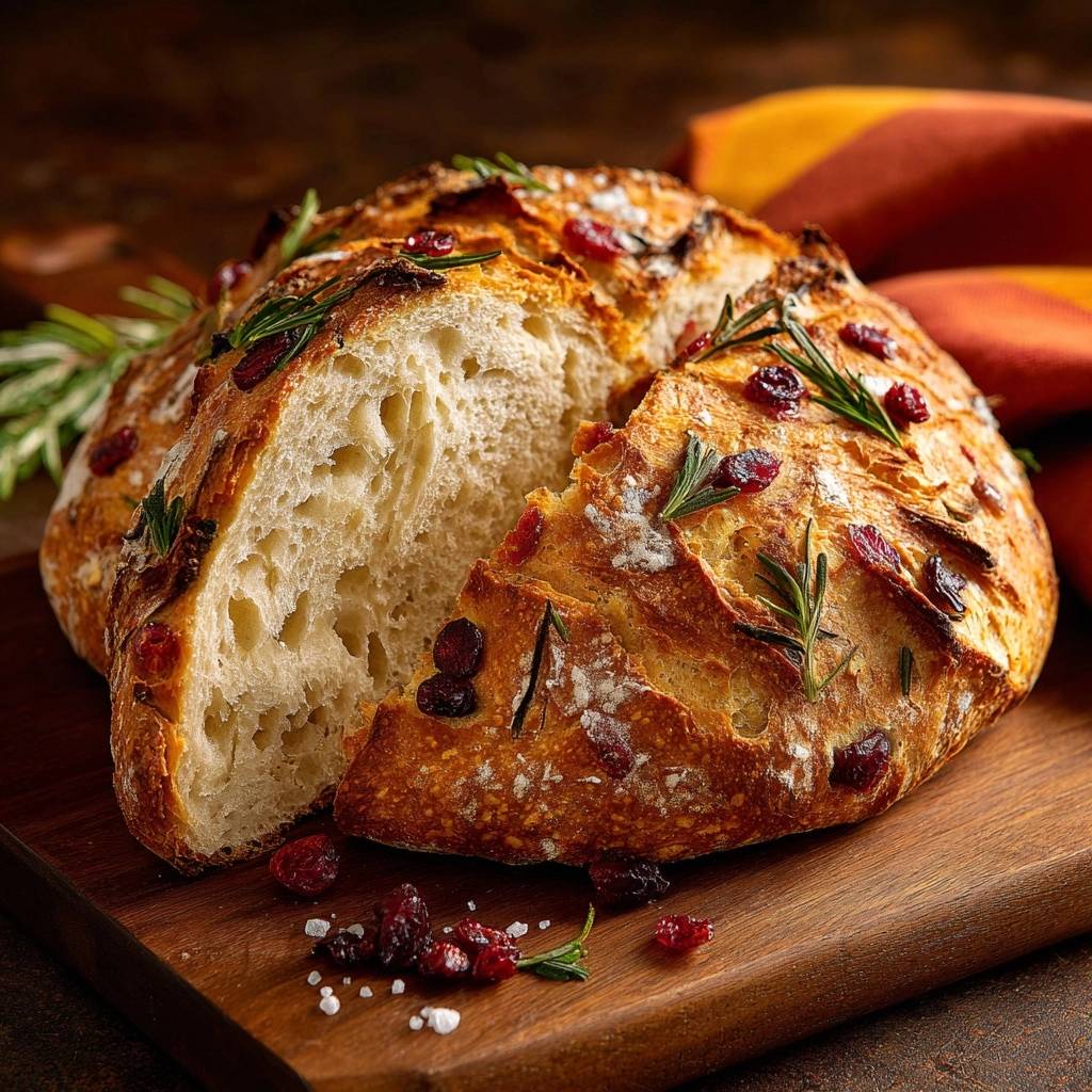 Rustic rosemary cranberry bread shown in a close-up cross-section, highlighting its airy interior and colorful inclusions.