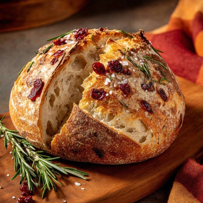 Rustic rosemary cranberry bread shown in a close-up cross-section, revealing its airy interior and crusty top.