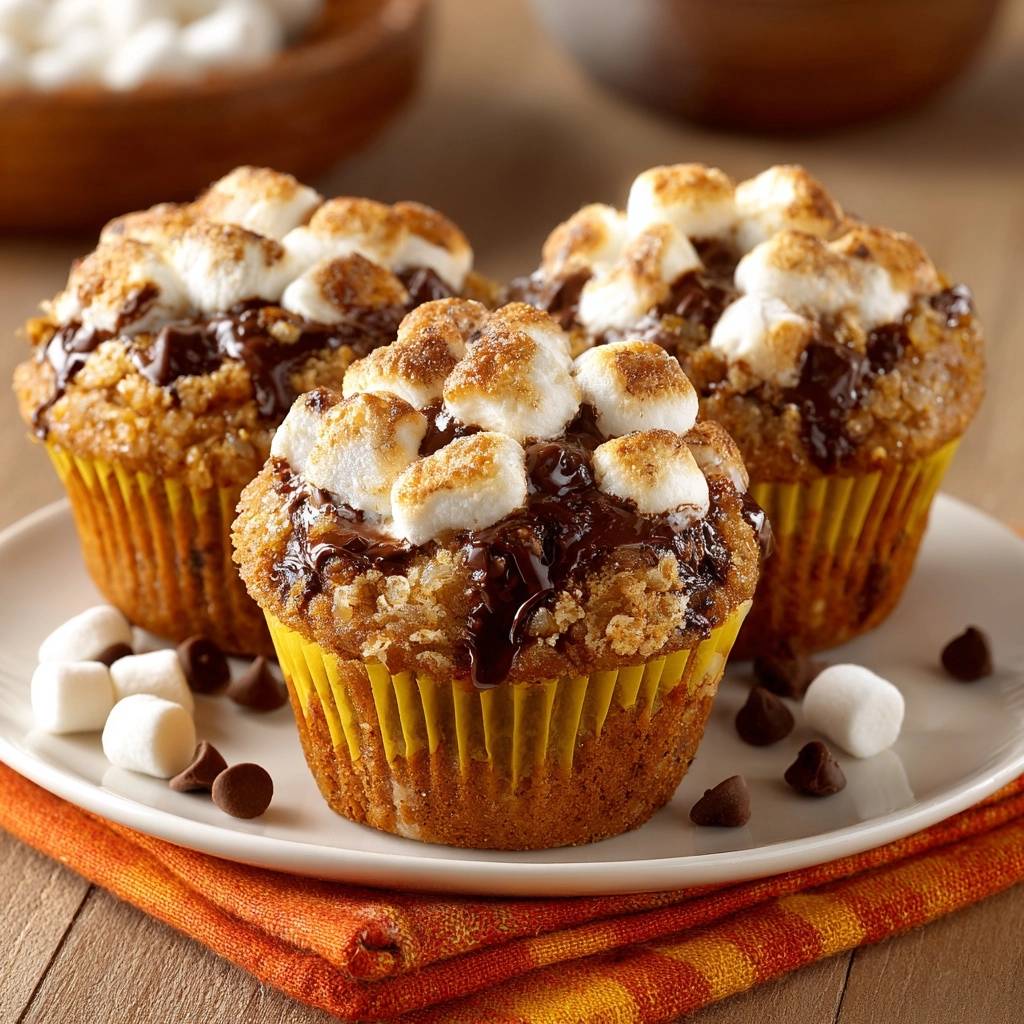 S'mores muffins with no-sink marshmallows are topped with toasted marshmallows and drizzled with chocolate sauce.