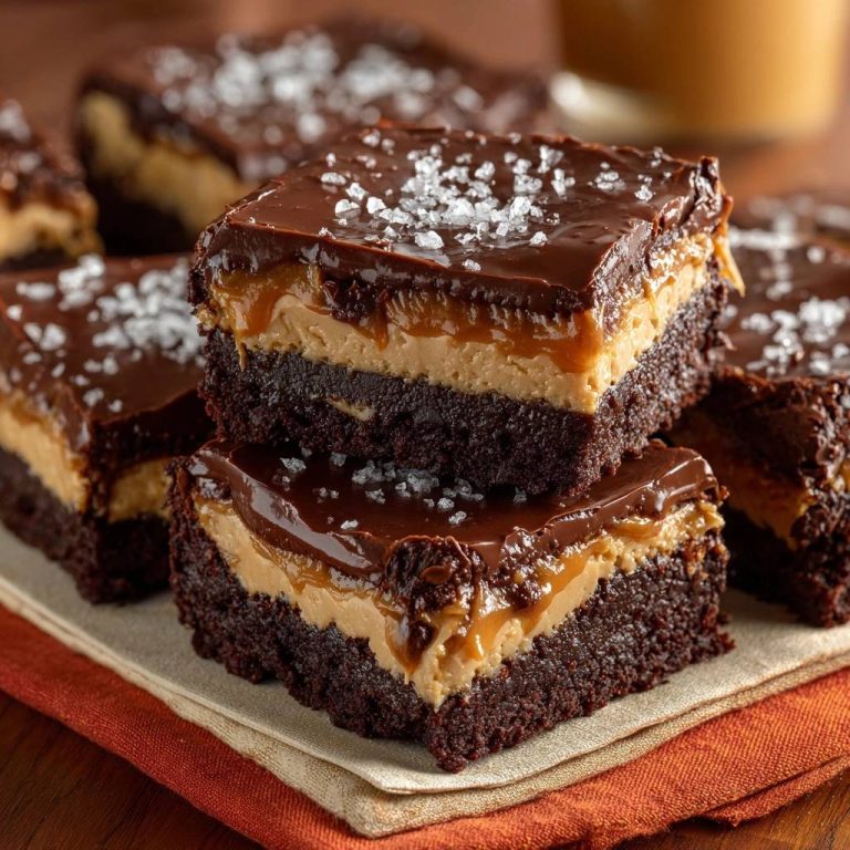 Salted chocolate peanut butter brownie bars stacked to reveal their rich layers and topped with flaky sea salt.