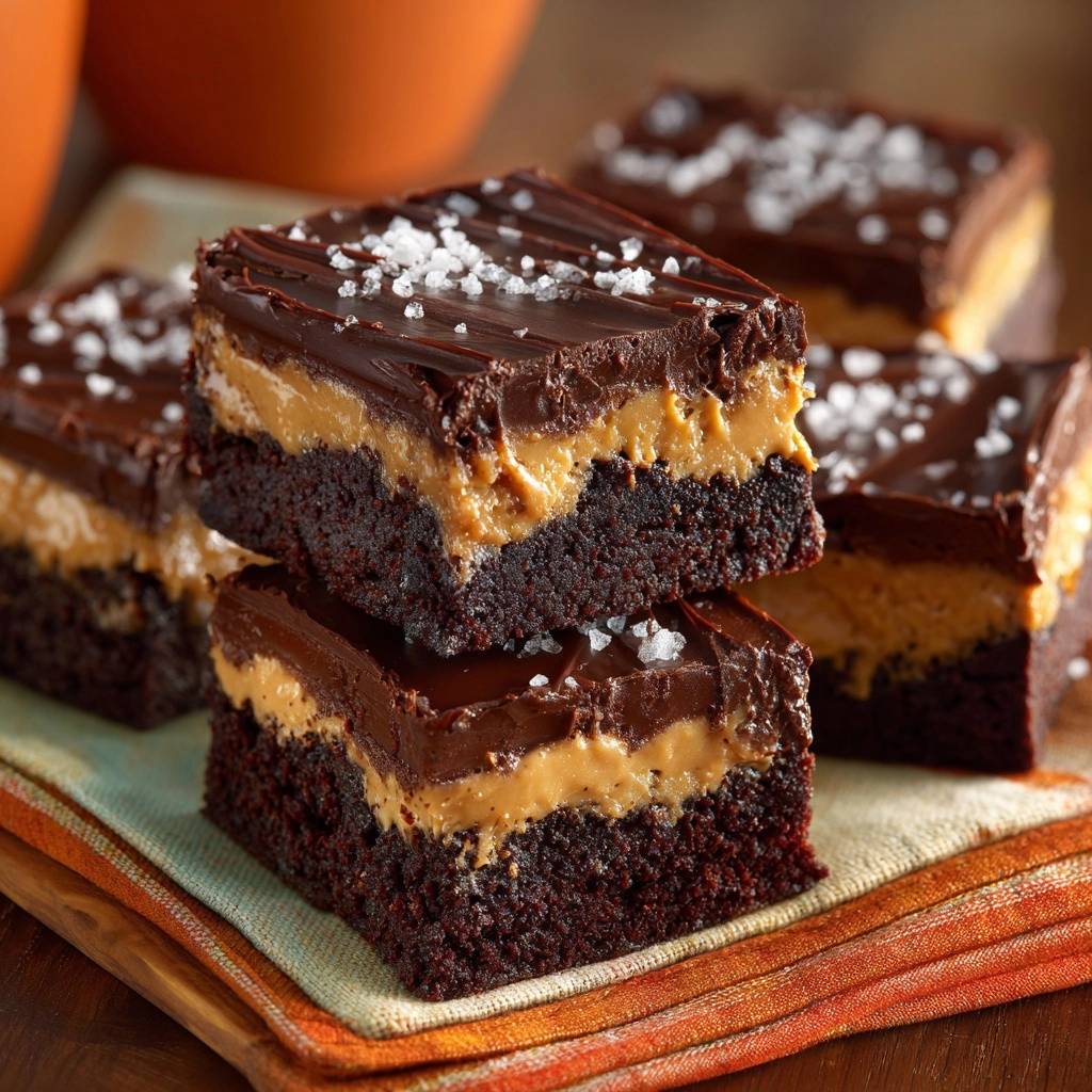 Salted chocolate peanut butter brownie bars stacked up, showing a close-up view of the layers and sea salt topping.