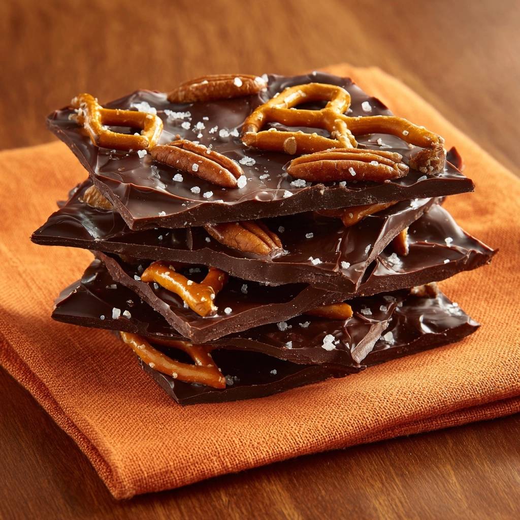 Salty pretzel pecan chocolate bark recipe shown in a stacked pile on an orange napkin, highlighting the texture and ingredients.