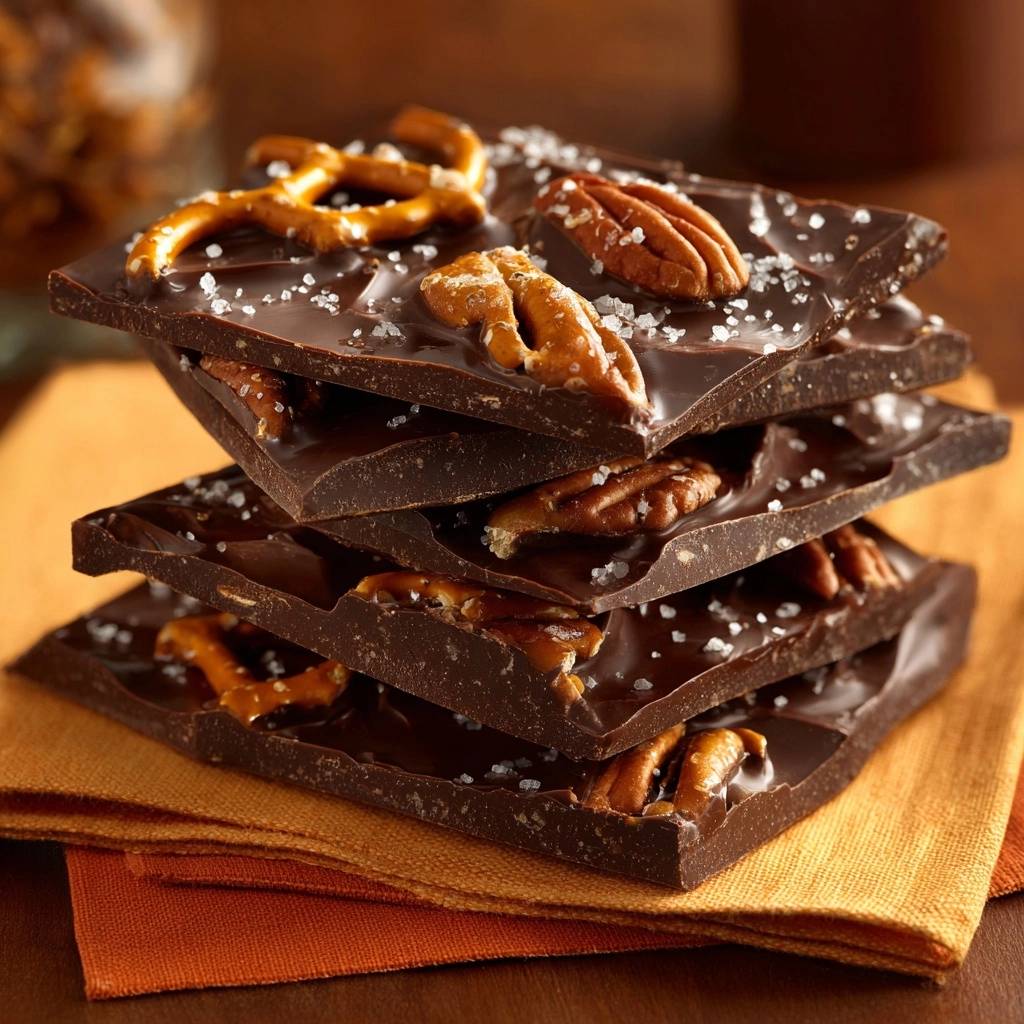 Salty pretzel pecan chocolate bark stacked close-up showing layers of dark chocolate, pretzels, pecans, and sea salt.