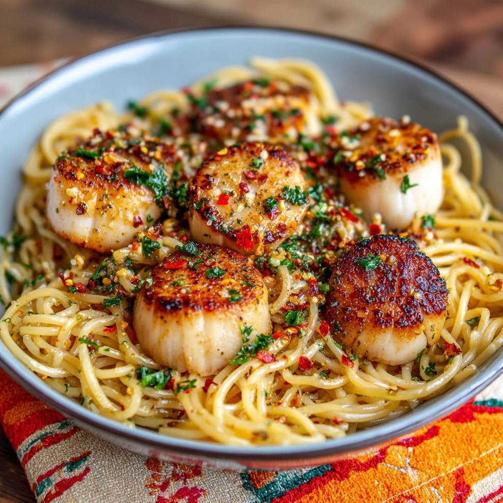 Seared scallops with chili garlic pasta, showcasing the golden-brown crust of the scallops nestled amongst the spaghetti.