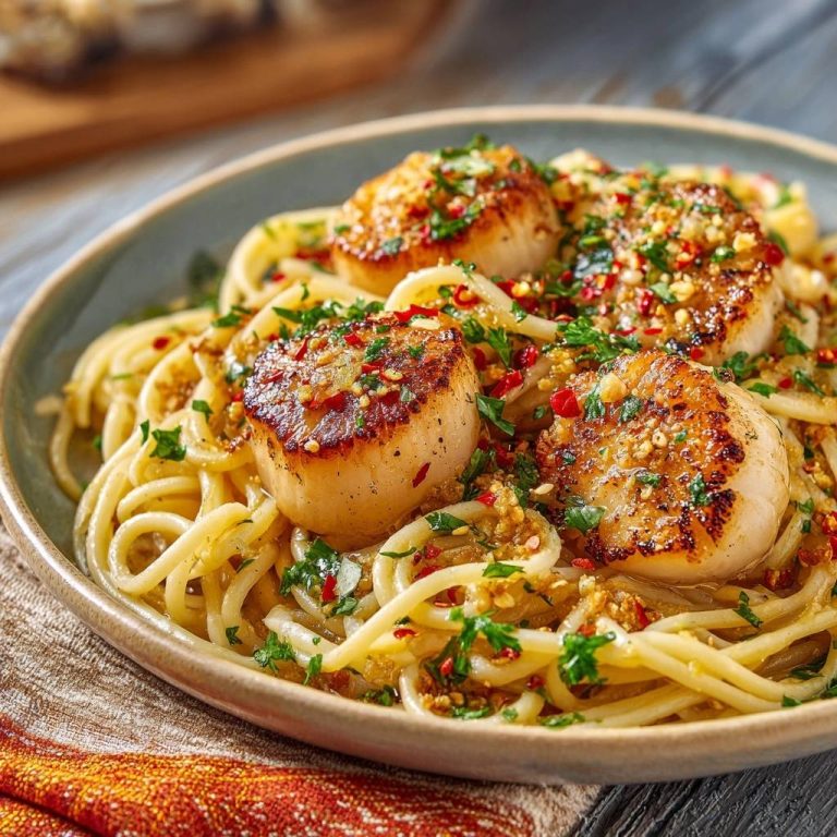 Seared scallops with chili garlic pasta served on a plate, garnished with parsley and chili flakes.