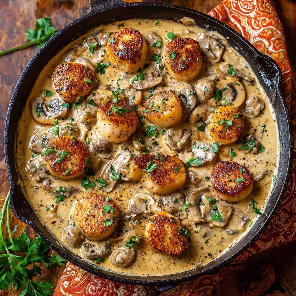Seared scallops in creamy mushroom sauce presented in a cast-iron skillet from an overhead perspective.