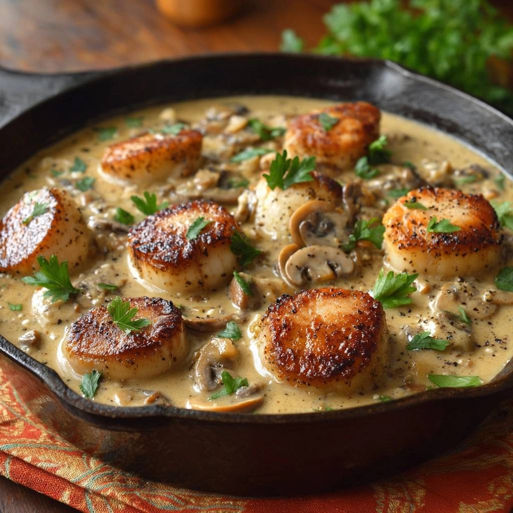 Seared scallops in creamy mushroom sauce served in a cast iron skillet, showcasing a close-up view of the texture and garnish.