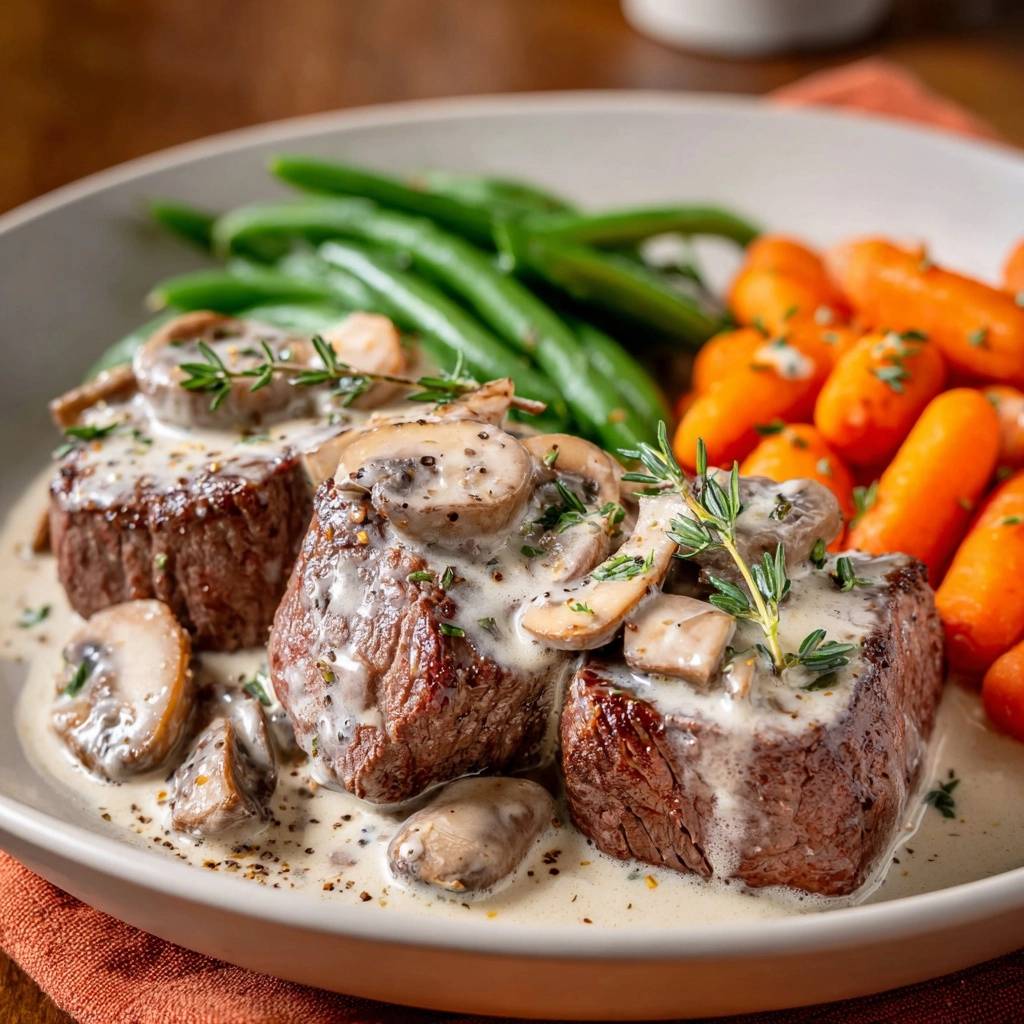 Seared steak with creamy mushroom sauce plated with green beans and baby carrots, shown from a side angle.