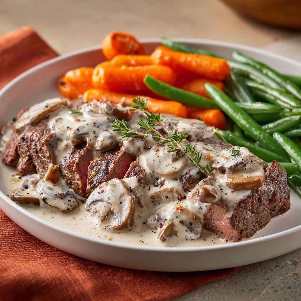 Seared steak with creamy mushroom sauce, sliced and plated with carrots and green beans, garnished with thyme.