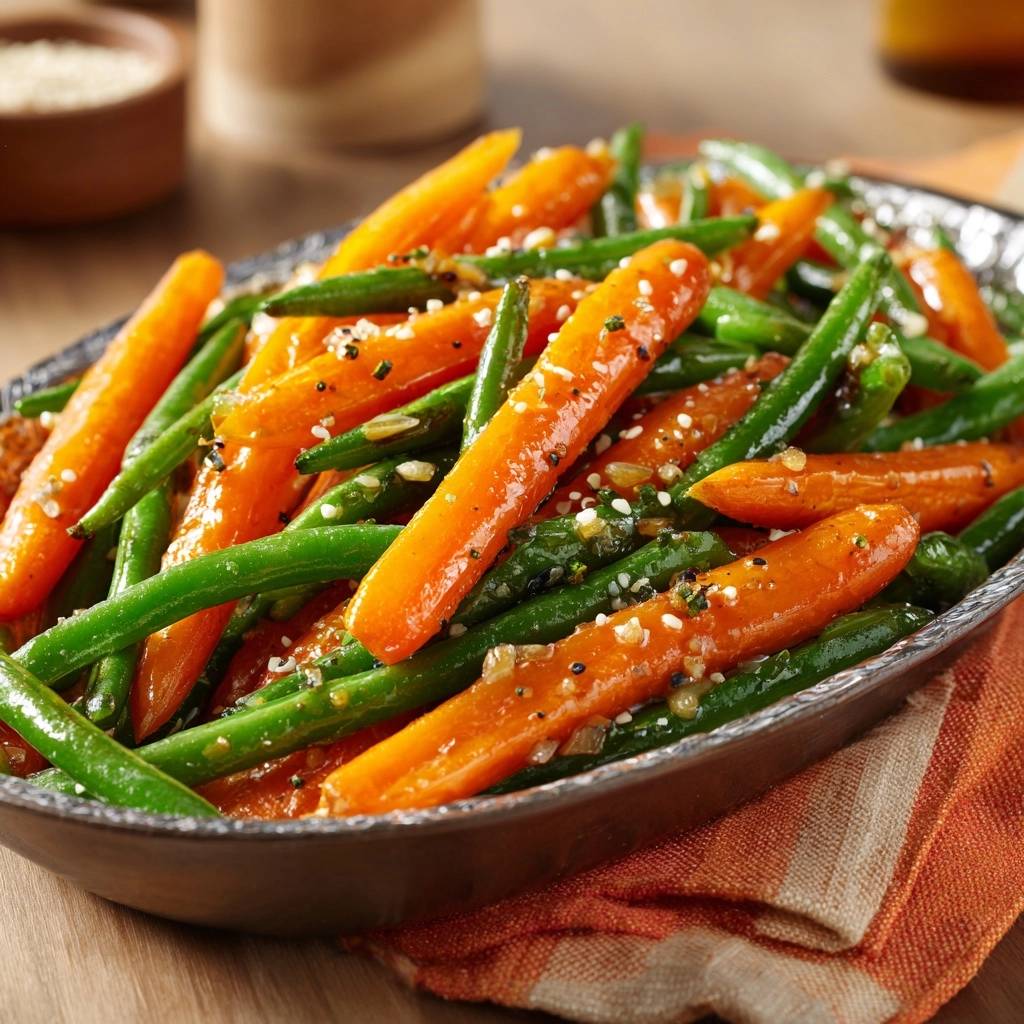 Sesame glazed green beans and carrots recipe, a close-up view showing the glossy glaze and sesame seeds.