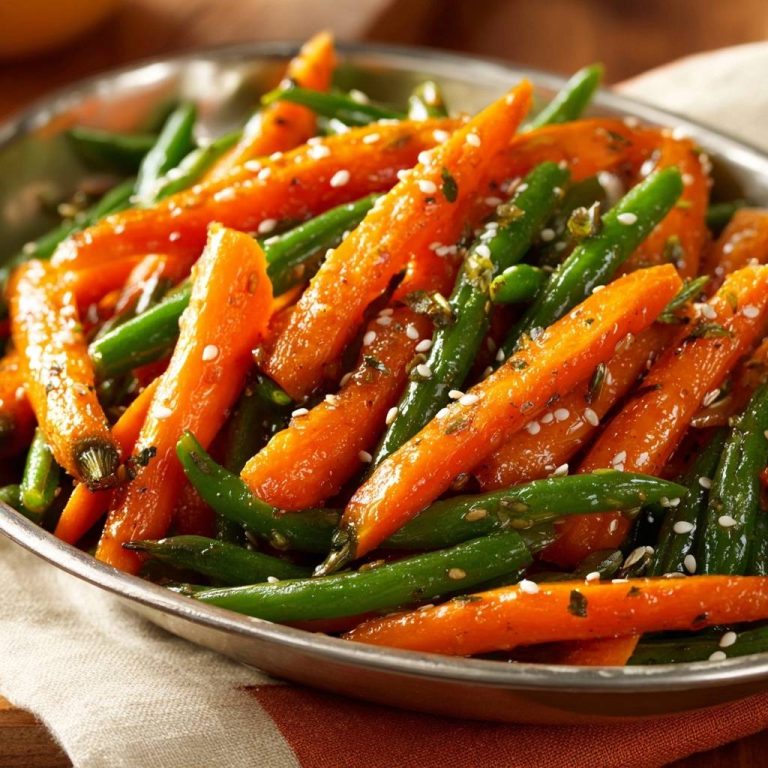 Sesame glazed green beans and carrots in a bowl, showing a close-up detail of the glazed vegetables sprinkled with sesame seeds.
