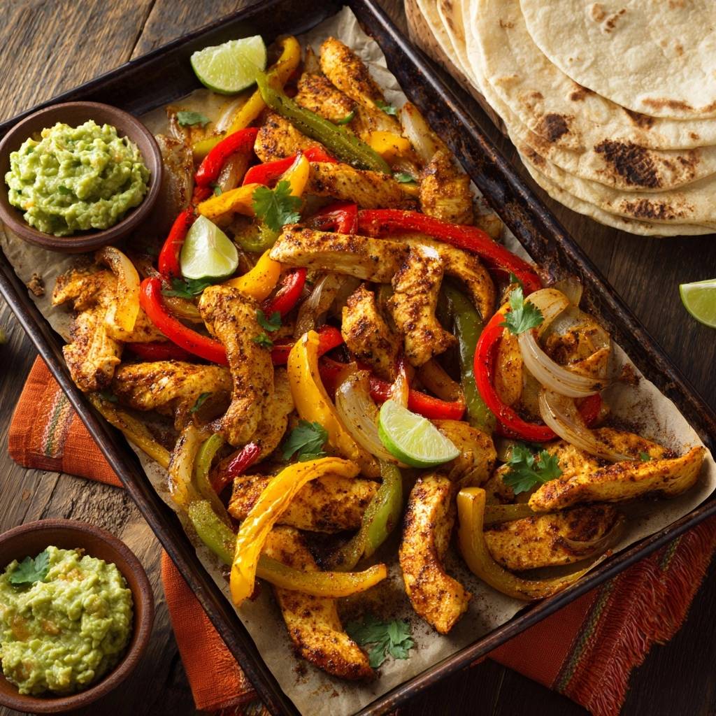 Sheet pan chicken fajitas with colorful bell peppers and onions served on a baking tray with lime wedges and guacamole.