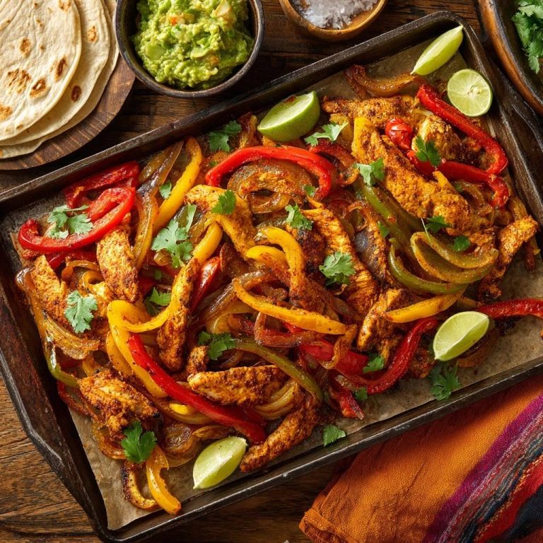 Sheet pan chicken fajitas with colorful peppers and onions served on a baking tray with lime wedges and cilantro garnish.