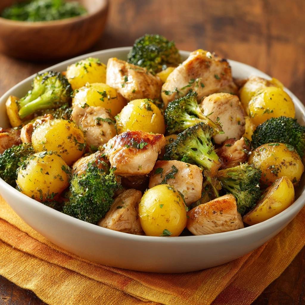 Sheet pan lemon chicken with potatoes and broccoli served in a bowl, showing a close-up view of the roasted ingredients.