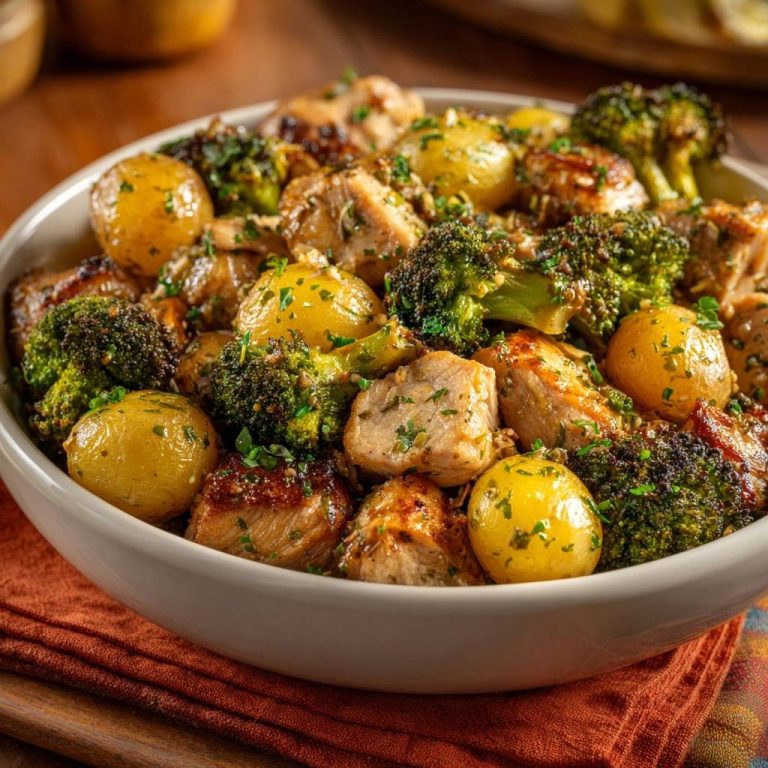 Sheet pan lemon chicken with potatoes and broccoli served in a white bowl, a close-up view showcasing the tender ingredients.