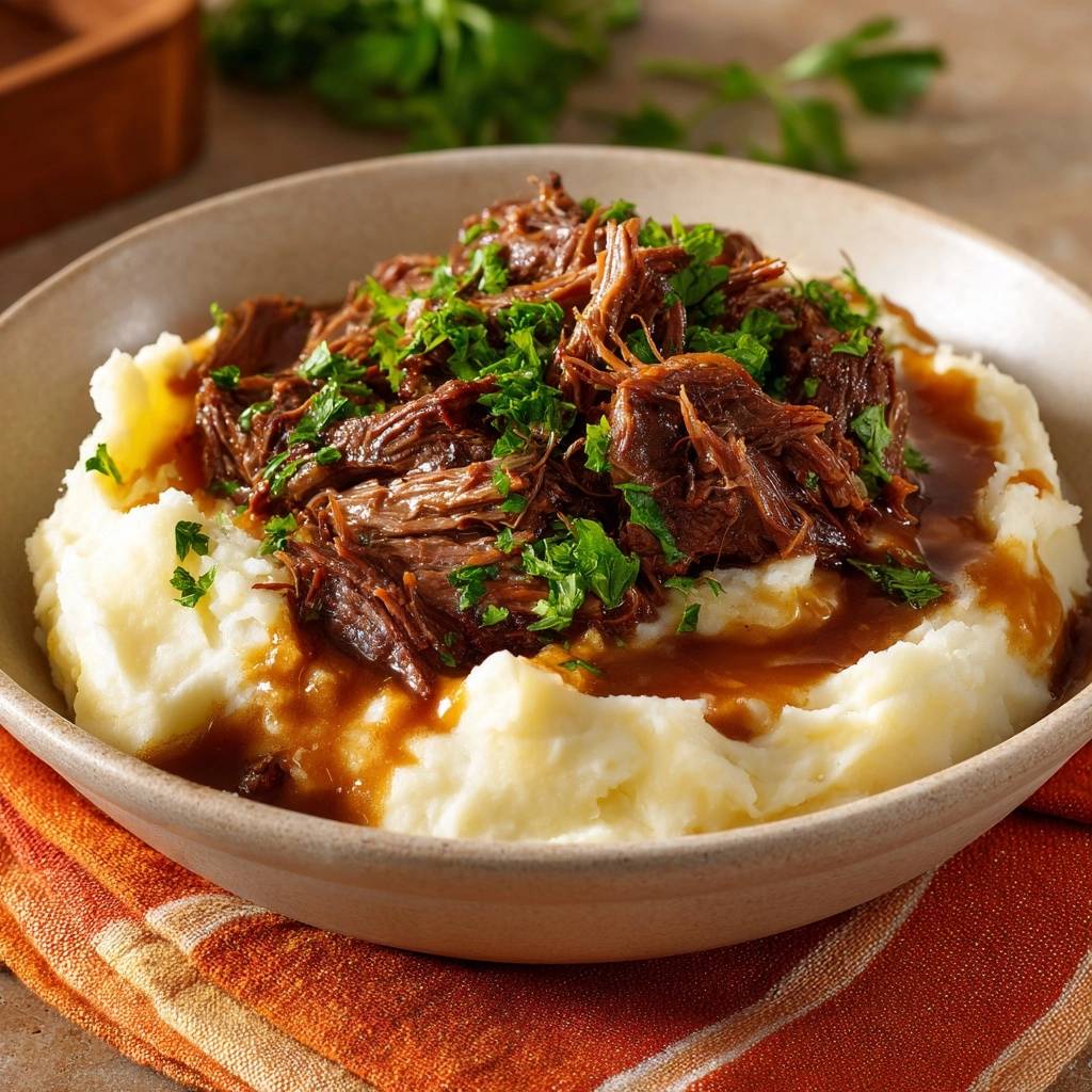 Shredded beef gravy over mashed potatoes served in a rustic bowl, generously garnished with fresh parsley.