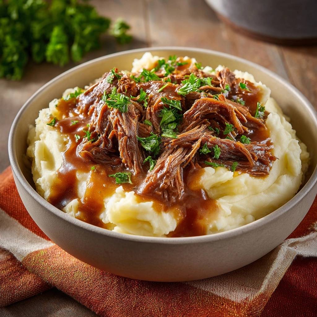 Shredded beef gravy over mashed potatoes served in a bowl, garnished with fresh parsley.